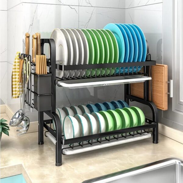 Heavy-Duty 2-Tier Dish Rack with Cutlery Holder & Chop Board Holder
