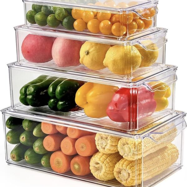 4 pcs Big capacity BPA-Free Stackable acrylic Fridge Organizer Bins with Lids 
- Clear Refrigerator Storage Containers for Fruit, Vegetables, Food, and Drinks 
- Capacity 1.6L , 2.8L, 4.4L, 6.6L